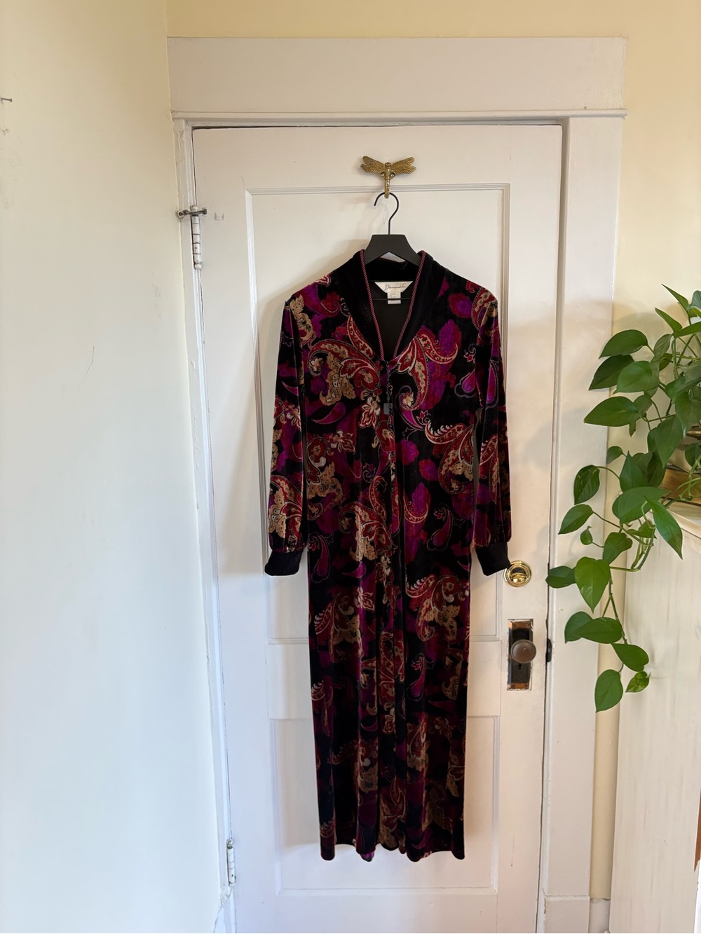 Vintage DIAMOND TEA Velvet Paisley Zip Up Dressing Gown Housecoat Small